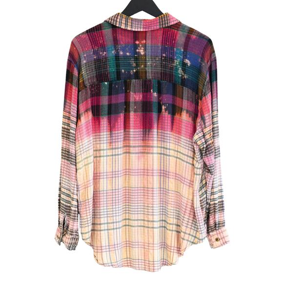 Distressed Boho Plaid Button Down Shirt Boho Flannel - Ombre Dip Dye - Picture 2 of 5